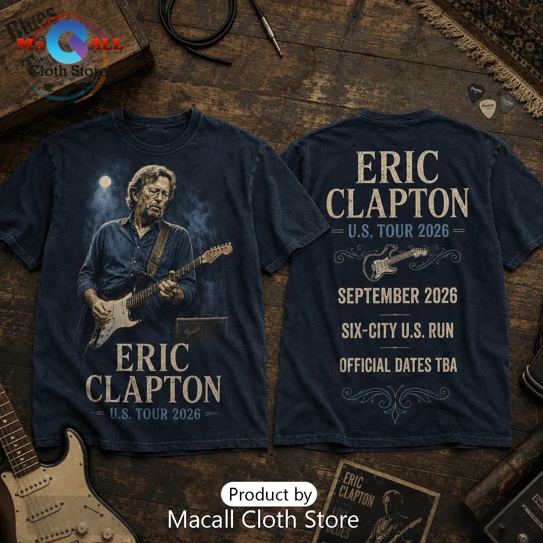 Eric Clapton U.S. Tour 2026 Vintage Navy T-Shirt