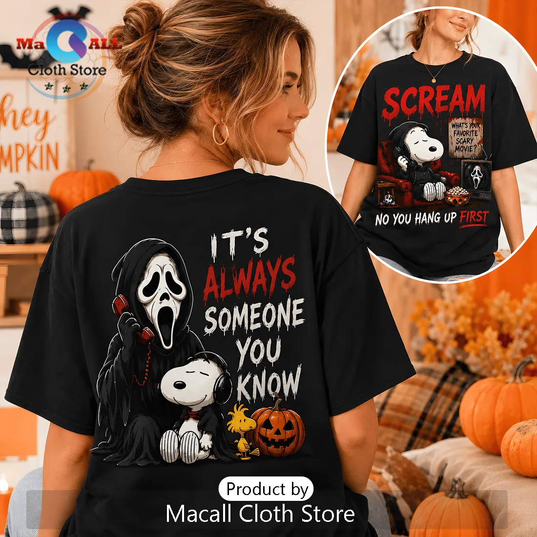 Snoopy x Scream Horror Movie Black T-Shirt
