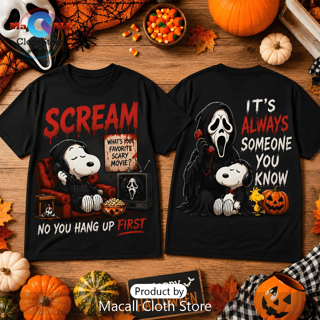 Snoopy x Scream Horror Movie Black T-Shirt Snoopy x Scream Horror Movie Black T-Shirt