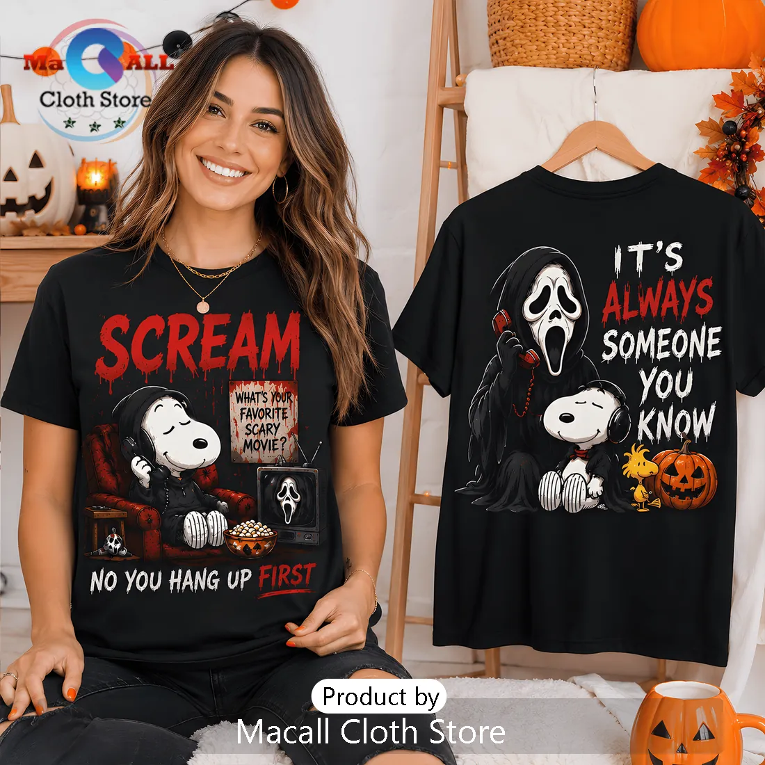Snoopy x Scream Horror Movie Black T-Shirt Snoopy x Scream Horror Movie Black T-Shirt