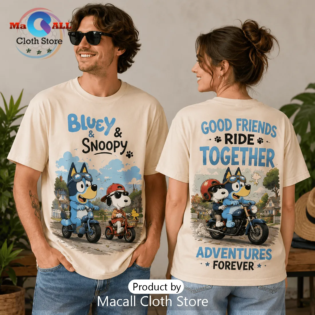 Bluey x Snoopy Ride Together Beige T-Shirt Bluey x Snoopy Ride Together Beige T-Shirt