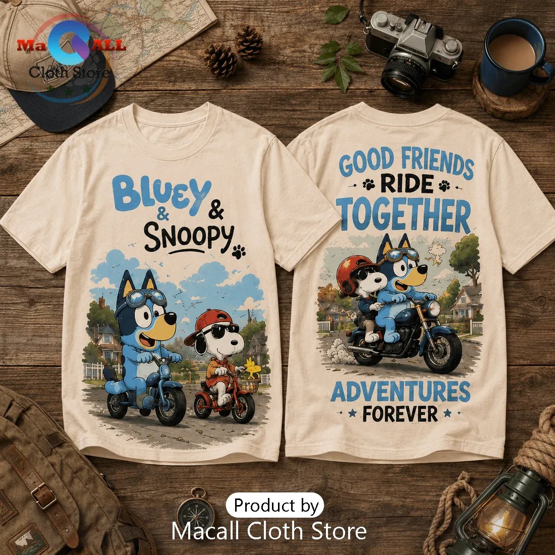 Bluey x Snoopy Ride Together Beige T-Shirt Bluey x Snoopy Ride Together Beige T-Shirt
