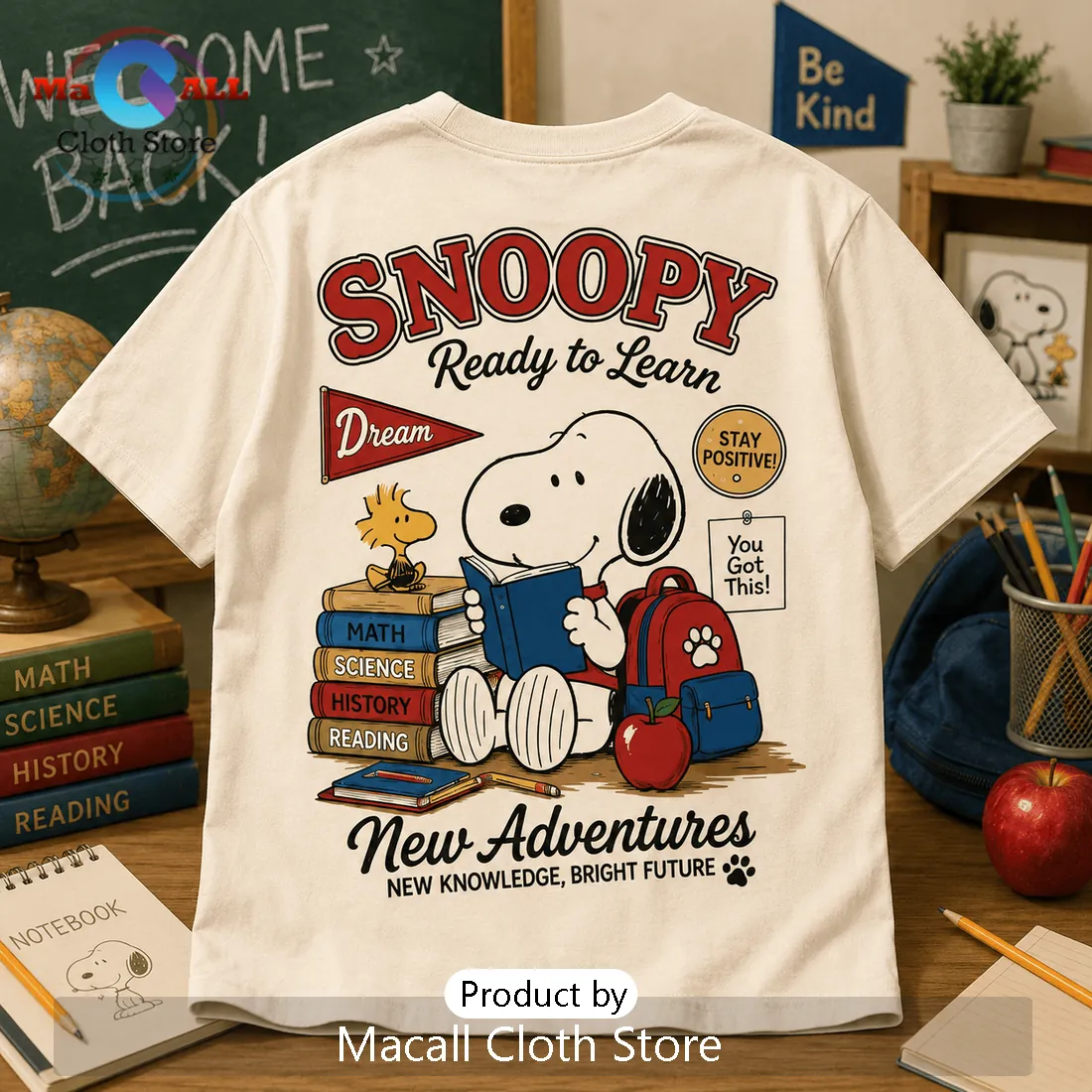 Snoopy Back To School Beige T-Shirt Snoopy Back To School Beige T-Shirt