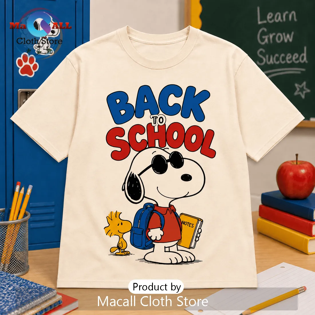 Snoopy Back To School Beige T-Shirt Snoopy Back To School Beige T-Shirt