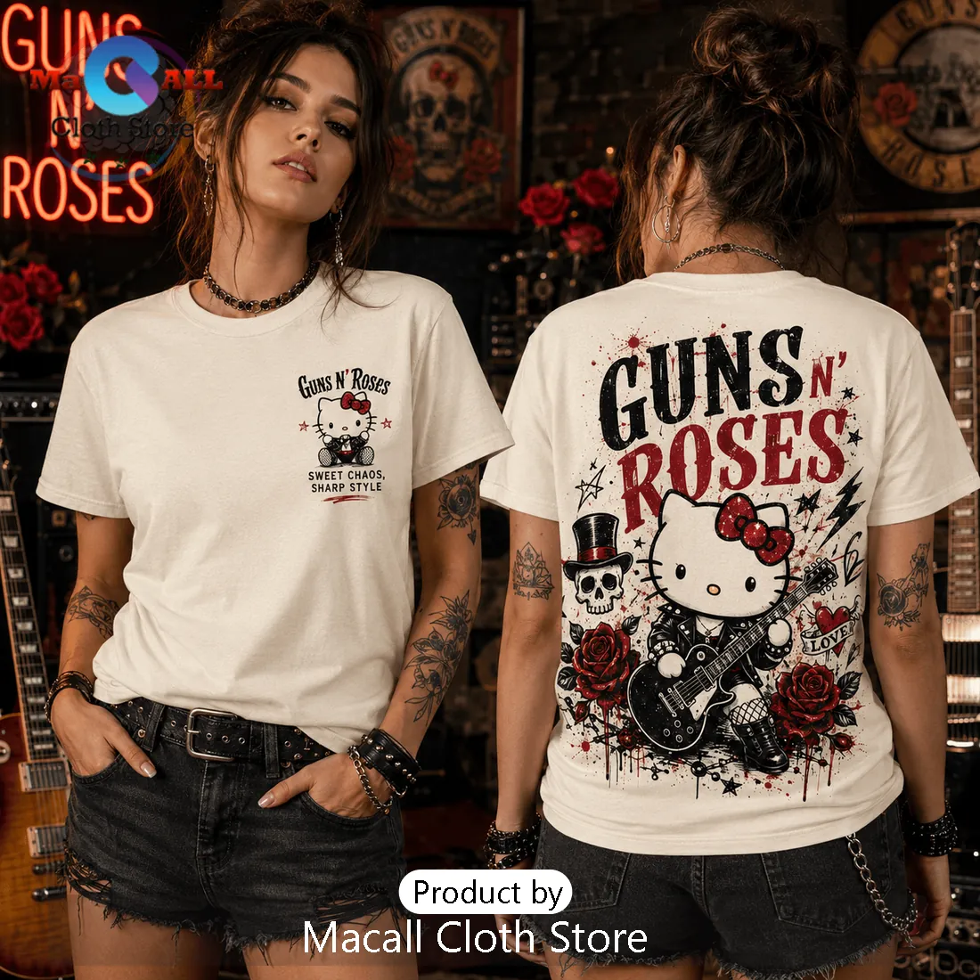 Guns N Roses Sweet Chaos Hello Kitty Rock T-Shirt Guns N Roses Sweet Chaos Hello Kitty Rock T-Shirt