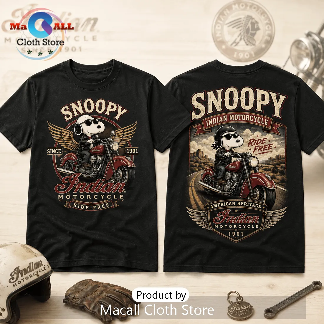 Snoopy Indian Motorcycle Ride Free Cotton T-Shirt Snoopy Indian Motorcycle Ride Free Cotton T-Shirt