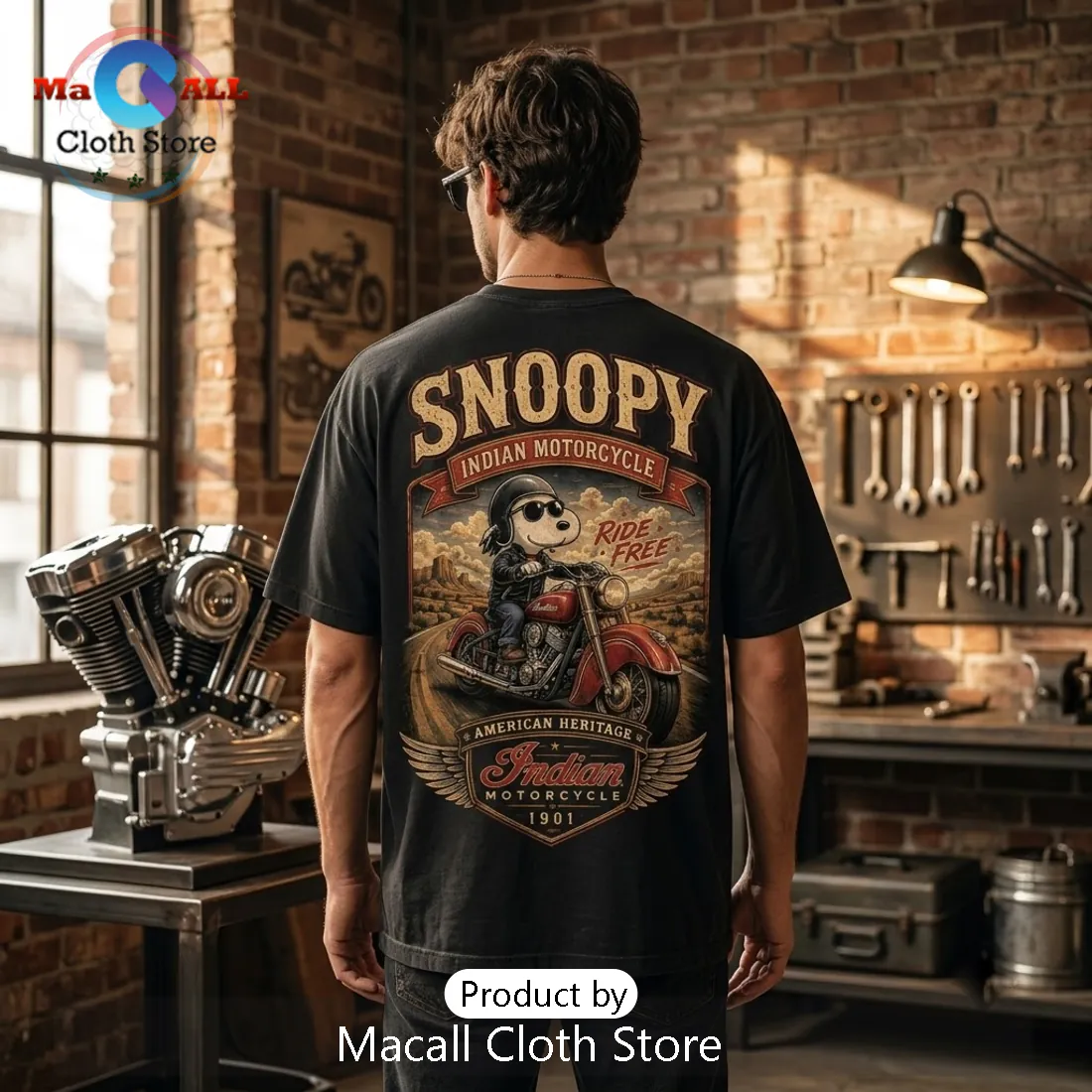 Snoopy Indian Motorcycle Ride Free Cotton T-Shirt Snoopy Indian Motorcycle Ride Free Cotton T-Shirt