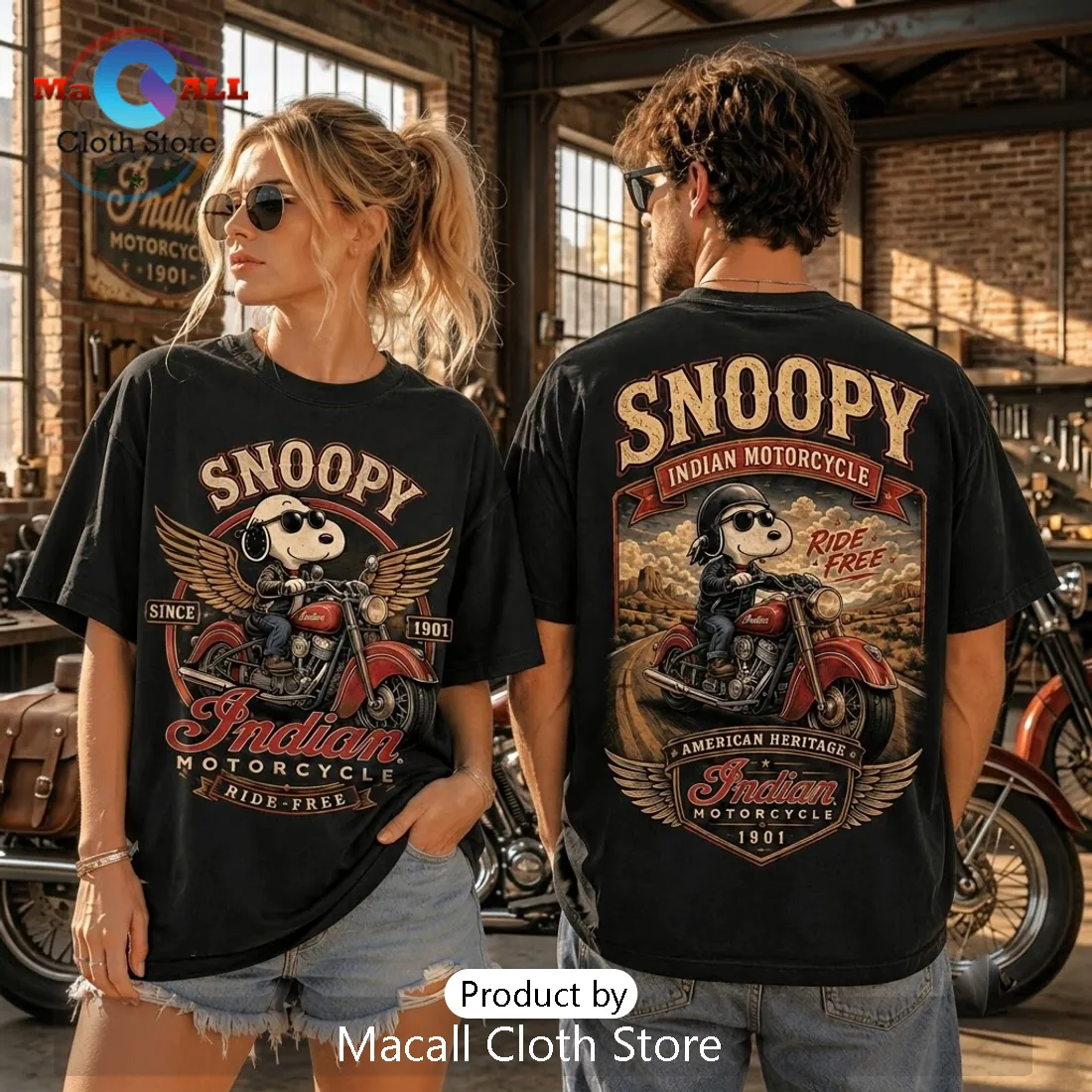 Snoopy Indian Motorcycle Ride Free Cotton T-Shirt Snoopy Indian Motorcycle Ride Free Cotton T-Shirt