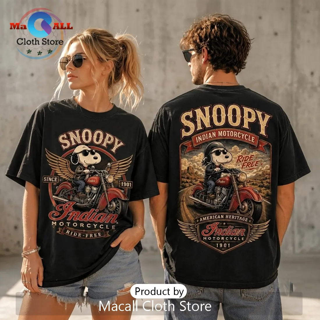 Snoopy Indian Motorcycle Ride Free Cotton T-Shirt Snoopy Indian Motorcycle Ride Free Cotton T-Shirt