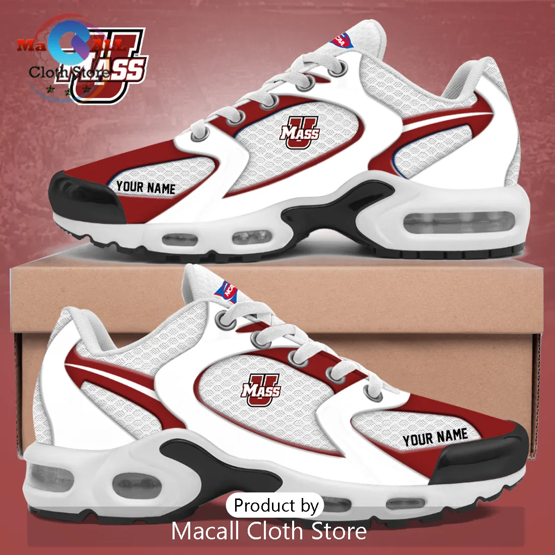 University of Massachusetts Amherst White Red Personalized Sneakers University of Massachusetts Amherst White Red Personalized Sneakers
