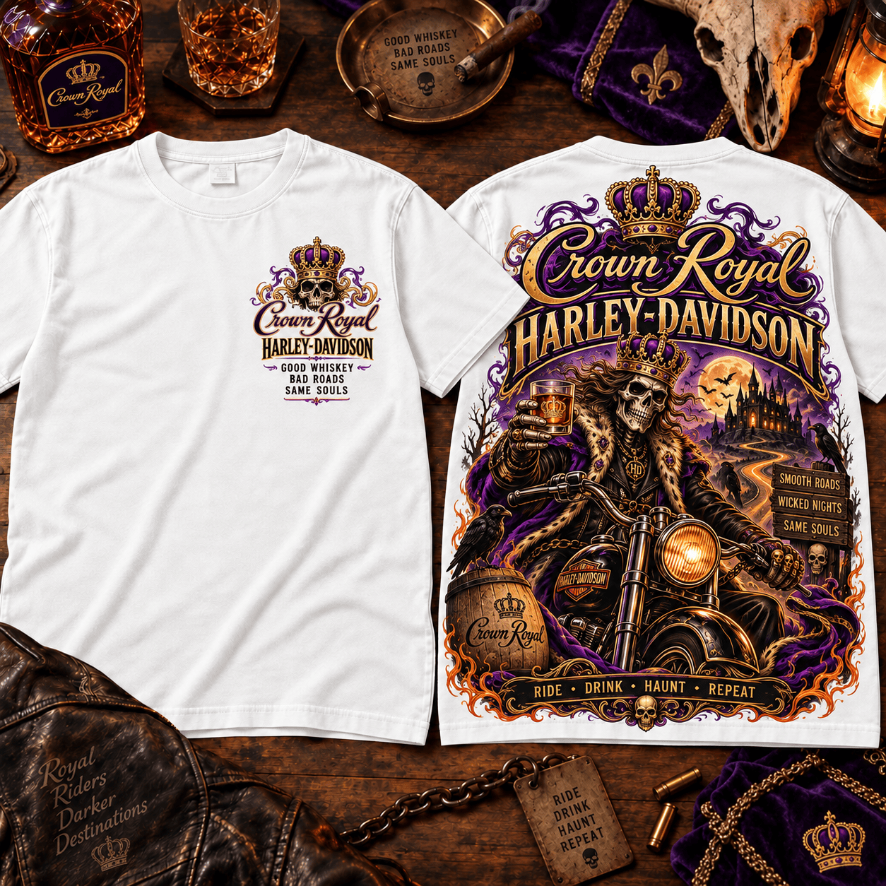 Crown Royal Harley-Davidson Skeleton Rider White T-Shirt Crown Royal Harley-Davidson Skeleton Rider White T-Shirt