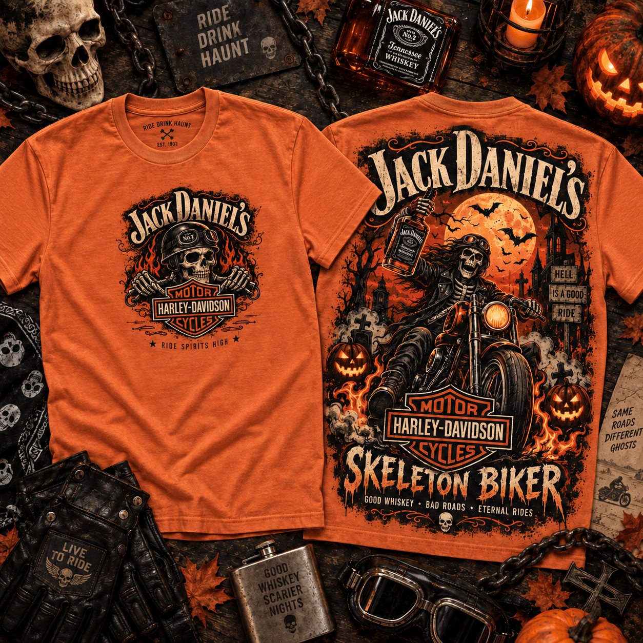 Jack Daniels x Harley-Davidson Skeleton Biker Orange T-Shirt Jack Daniels x Harley-Davidson Skeleton Biker Orange T-Shirt