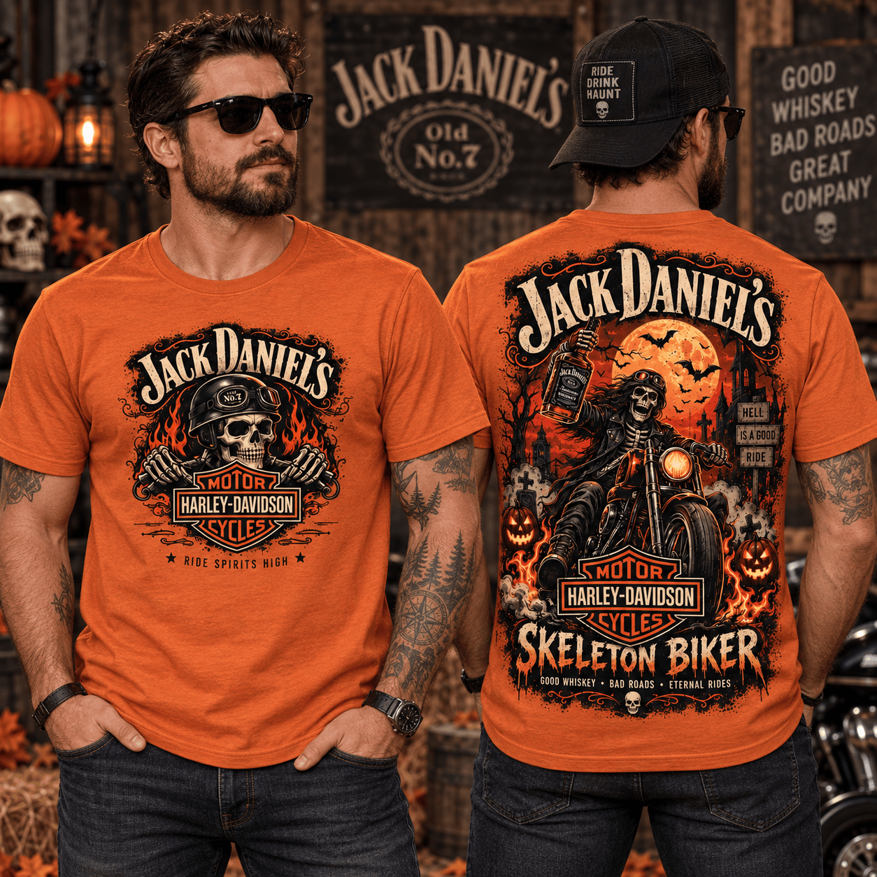 Jack Daniels x Harley-Davidson Skeleton Biker Orange T-Shirt Jack Daniels x Harley-Davidson Skeleton Biker Orange T-Shirt