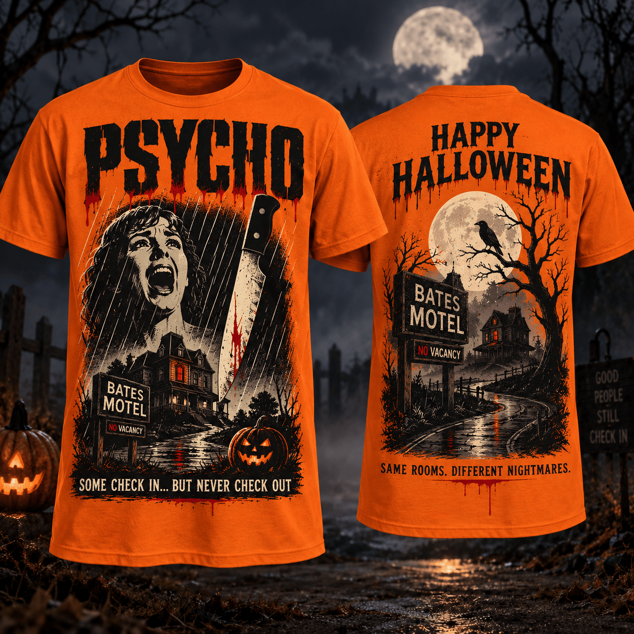 Psycho Bates Motel Orange Halloween T-Shirt Psycho Bates Motel Orange Halloween T-Shirt