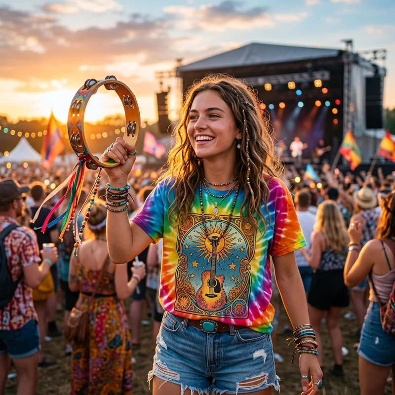 Fleetwood Mac boho tie dye shirt worn by young fan with tambourine at sunset festival