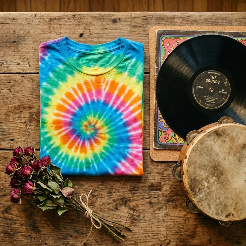 Fleetwood Mac boho tie dye shirt folded on rustic wooden table beside vintage vinyl record and dried roses