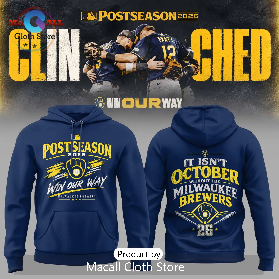 2026 Milwaukee Brewers Postseason Blue Hoodie 2026 Milwaukee Brewers Postseason Blue Hoodie