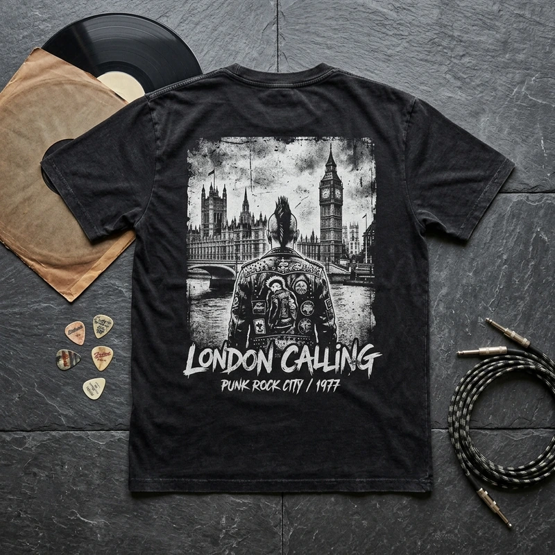 The Clash London Calling vintage wash graphic tee displayed with vintage vinyl records and guitar gear