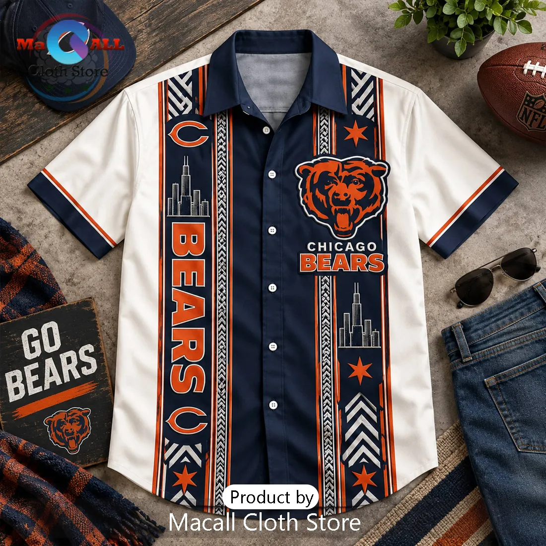 Chicago Bears Skyline Button Down Hawaiian Shirt Chicago Bears Skyline Button Down Hawaiian Shirt