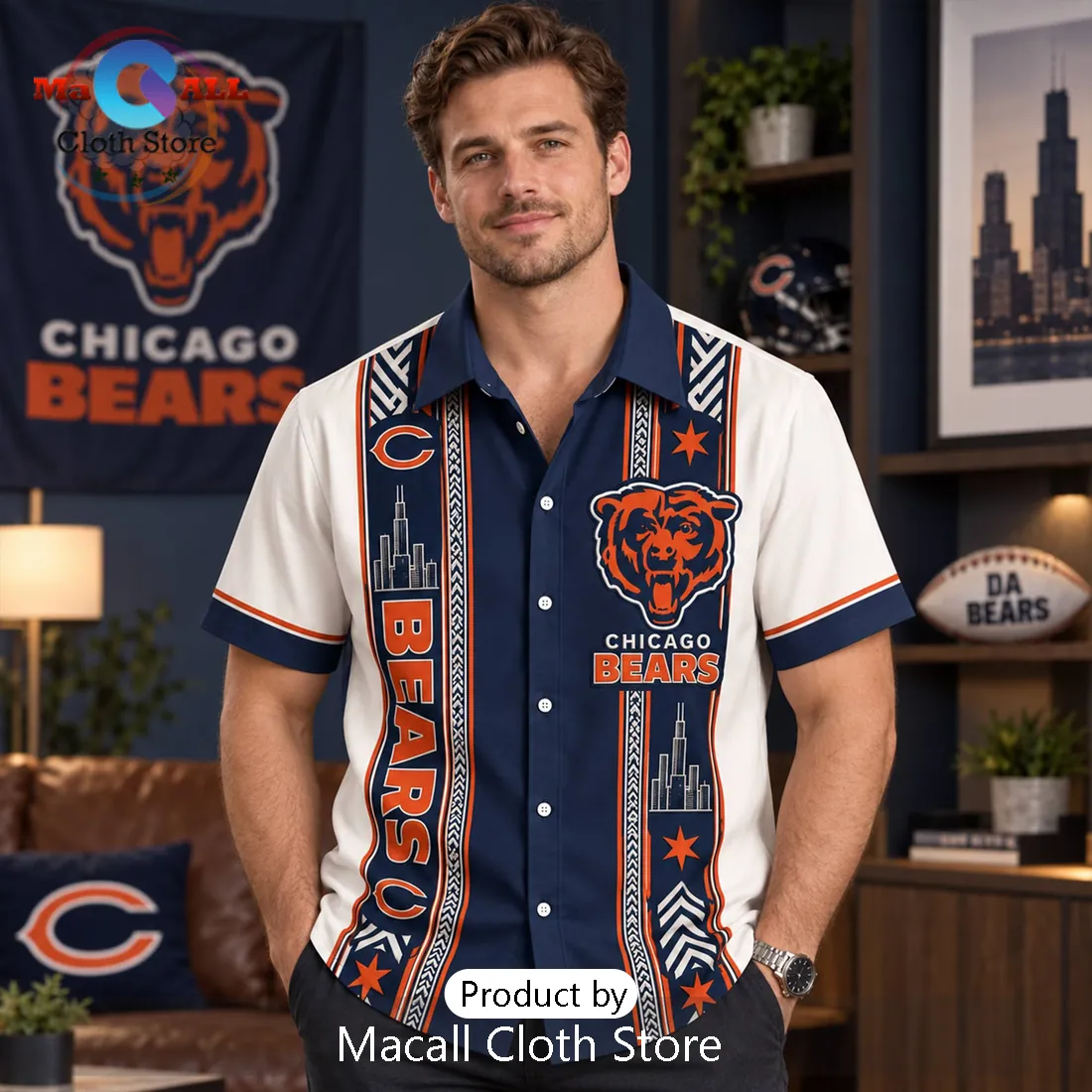 Chicago Bears Skyline Button Down Hawaiian Shirt Chicago Bears Skyline Button Down Hawaiian Shirt