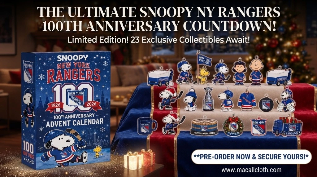 Snoopy New York Rangers 100th Anniversary Advent Calendar box and Peanuts hockey ornaments on a festive table
