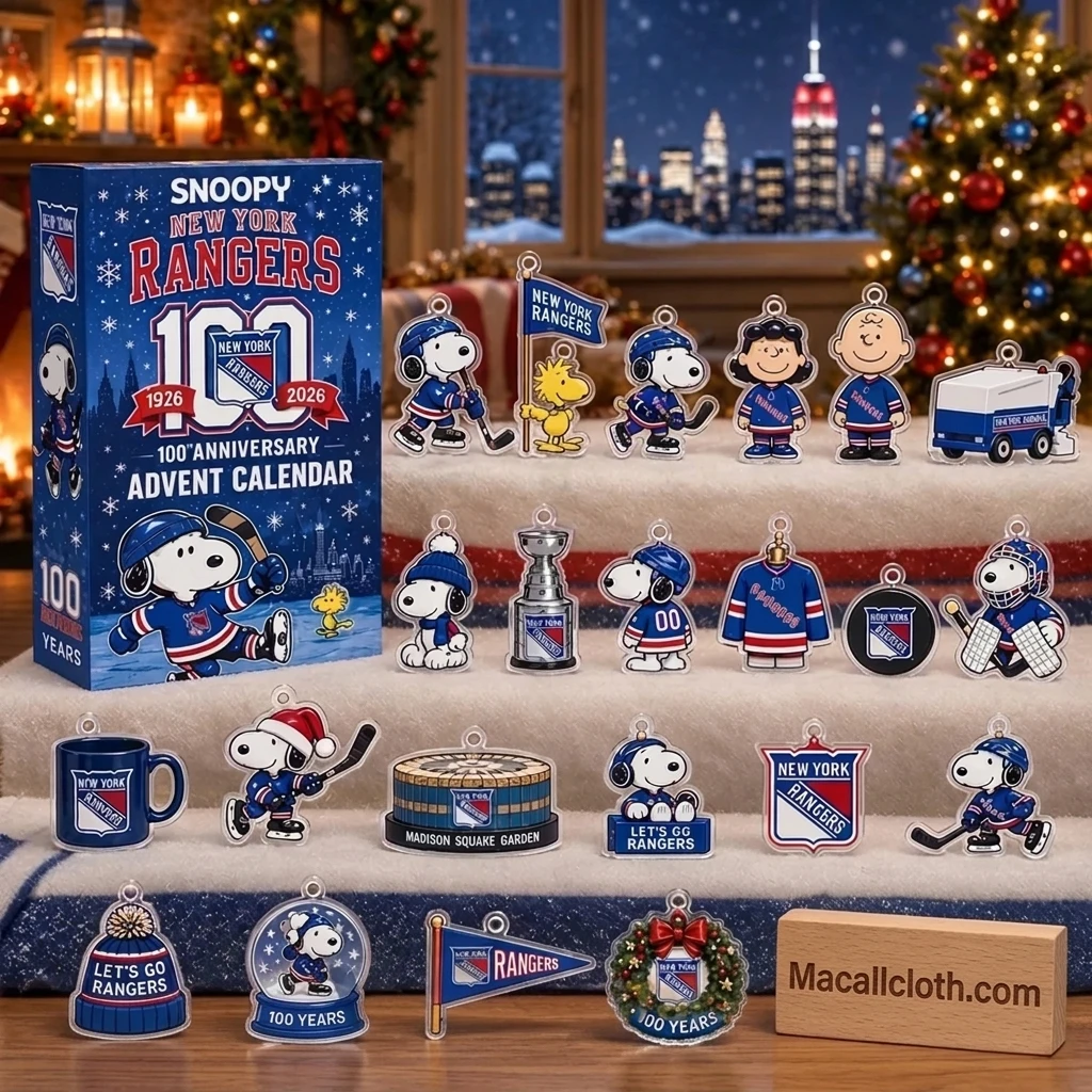 snoopy new york rangers advent calendar 100th anniversary box displayed beside 24 Peanuts hockey acrylic ornaments
